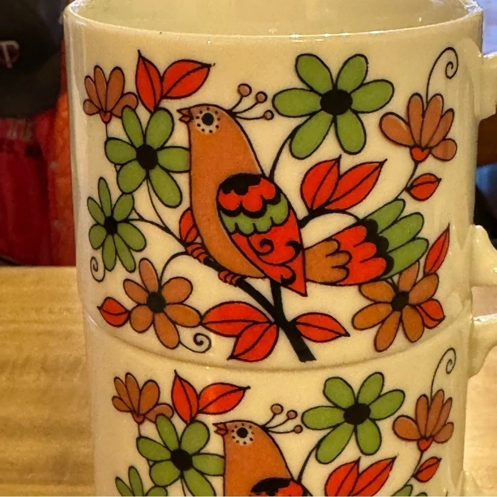 Vintage Japan Bird Floral Stackable Mugs Retro 2 Finger Handle Set Of 3